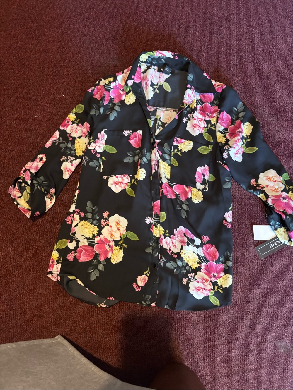 A. Byer Black Floral Button-Up Top with Pink & Yellow Blooms